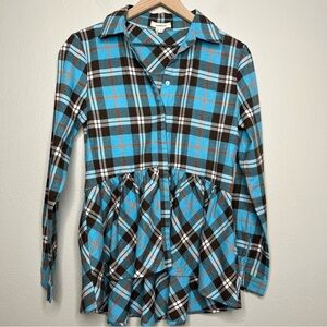 Sundance Hayden‎ Creek Women Top Small Plaid Shirt Blue Peplum Hem Flannel
